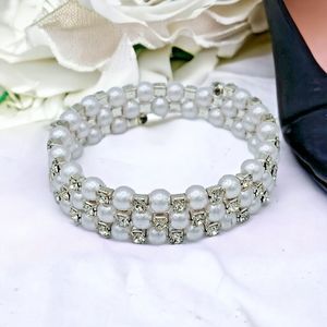 Crystal Faux Pearl Bracelet Wrap White Rhinestone Beaded Bridal Wedding Jewelry